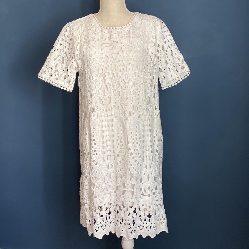 Anthropologie White Lace Short Sleeve Mini Shift Dress NWOT Size S